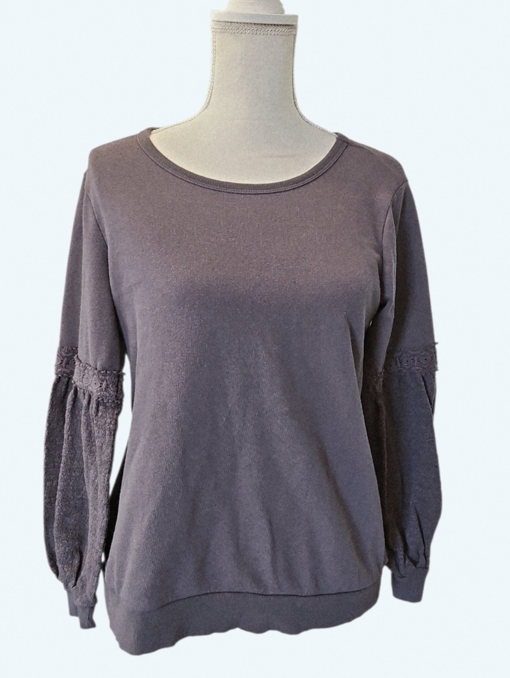 Women's Long-Sleeve Crewneck Top in Gray Eyeshadow Size Medium Crochet Lace